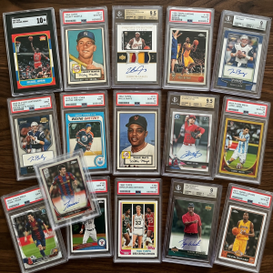 Graded and autographed Michael Jordan, Mickey Mantle, LeBron James, Kobe Bryant, Tom Brady, Wayne Gretzky, Willie Mays, Shohei Ohtani, Lionel Messi, and Tiger Woods sports cards